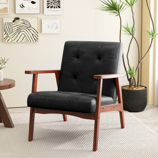 Mid Century Accent Chair with Solid Rubber Wood Frame and Leather Cover-Black