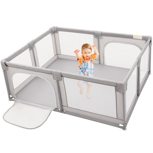 75 x 59 Inch Large Baby Playpen with Breathable Mesh and Zipper Doors-Gray