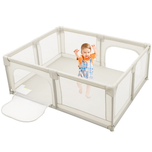 75 x 59 Inch Large Baby Playpen with Breathable Mesh and Zipper Doors-Beige