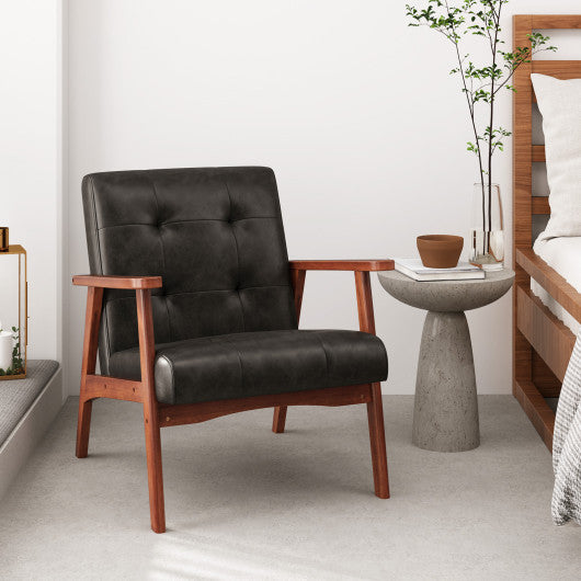 Mid Century Accent Chair with Solid Rubber Wood Frame and Leather Cover-Black