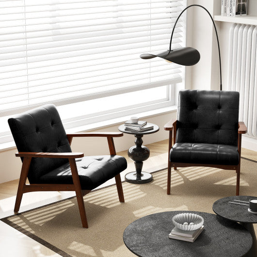 Mid Century Accent Chair with Solid Rubber Wood Frame and Leather Cover-Black