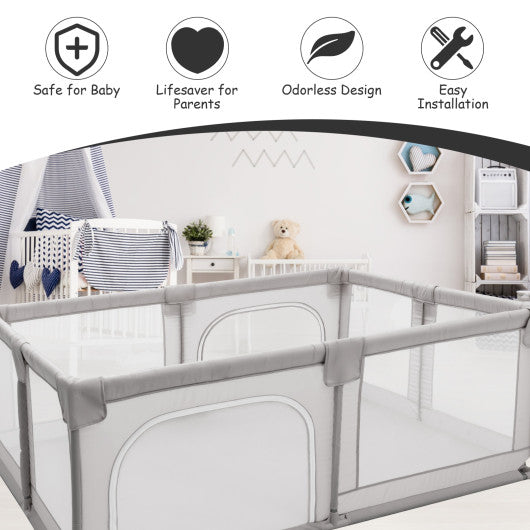 75 x 59 Inch Large Baby Playpen with Breathable Mesh and Zipper Doors-Gray