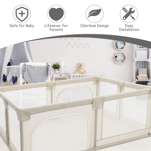 75 x 59 Inch Large Baby Playpen with Breathable Mesh and Zipper Doors-Beige