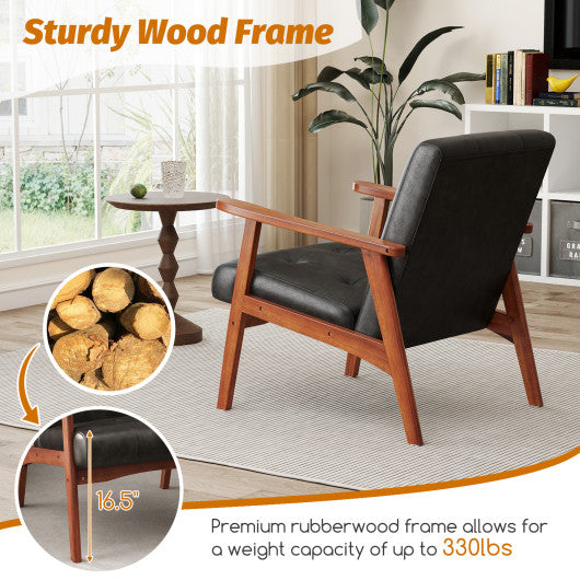 Mid Century Accent Chair with Solid Rubber Wood Frame and Leather Cover-Black