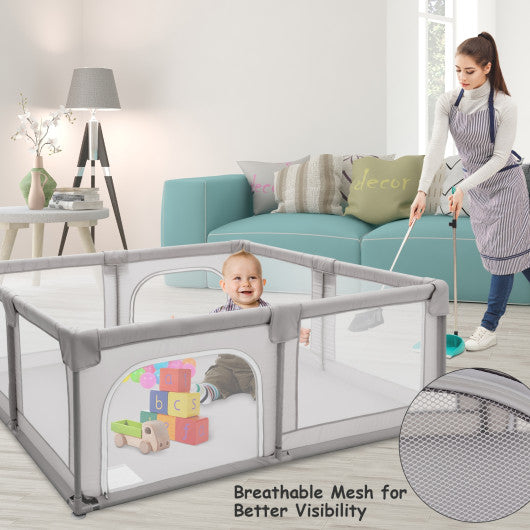75 x 59 Inch Large Baby Playpen with Breathable Mesh and Zipper Doors-Gray