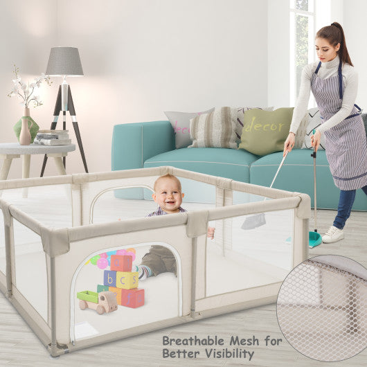 75 x 59 Inch Large Baby Playpen with Breathable Mesh and Zipper Doors-Beige