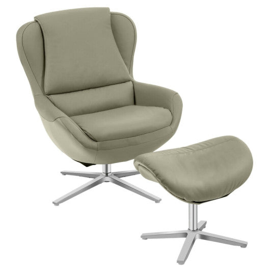 360¡ã Swivel Leather Lounge Chair with Ottoman and Aluminum Alloy Base-Gray