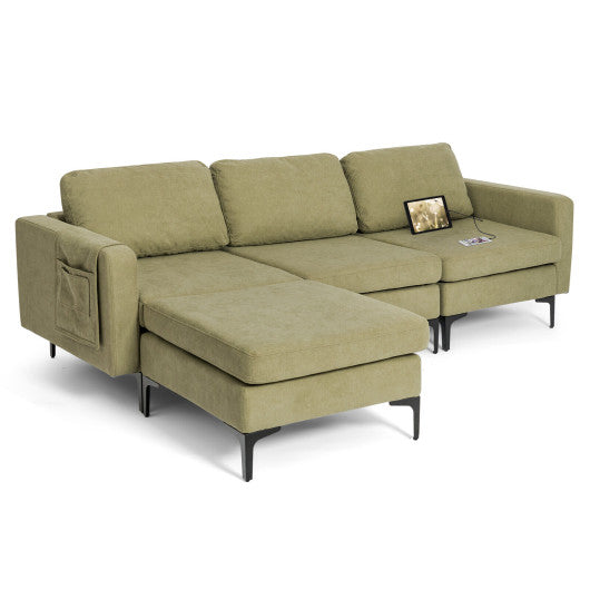 Modular 3-Seat L-shaped Sectional Sofa with Reversible Chaise and 2 USB Ports-Green