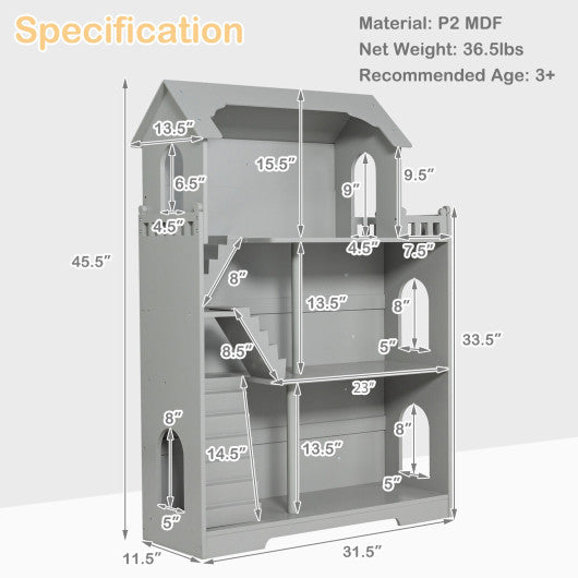 Kids Wooden Dollhouse Bookshelf with Anti-Tip Design and Storage Space-Gray