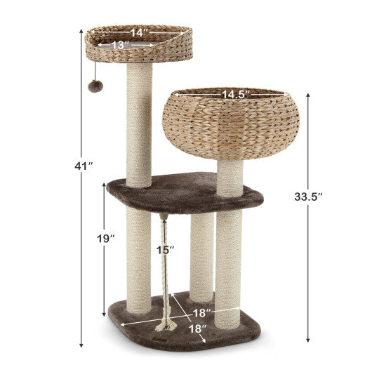 41 Inch Rattan Cat Tree with Napping Perch-Brown