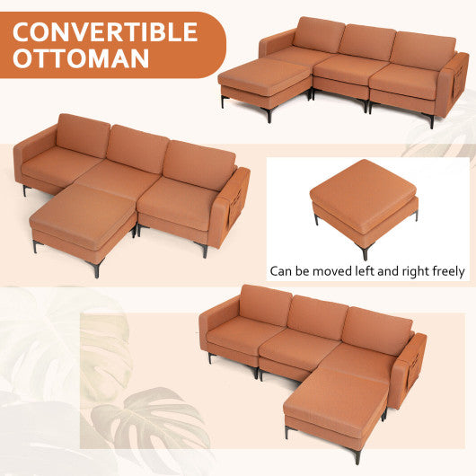 Modular 3-Seat L-shaped Sectional Sofa with Reversible Chaise and 2 USB Ports-Orange