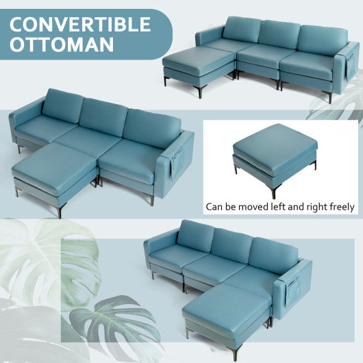 Modular 3-Seat L-shaped Sectional Sofa with Reversible Chaise and 2 USB Ports-Blue