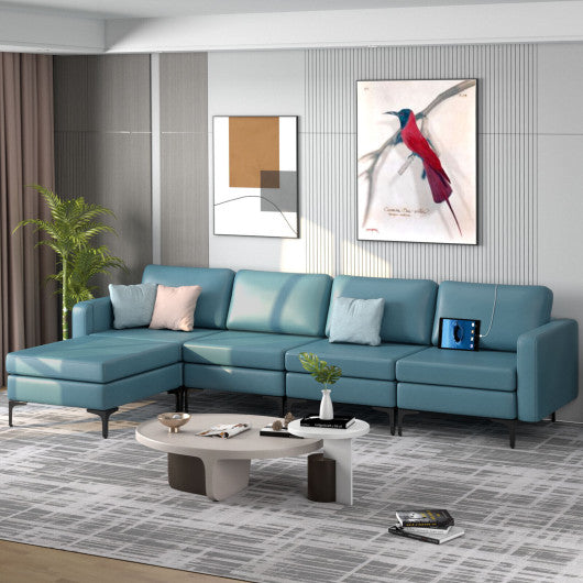 Modular L-shaped Sectional Sofa with Reversible Ottoman and 2 USB Ports-Blue