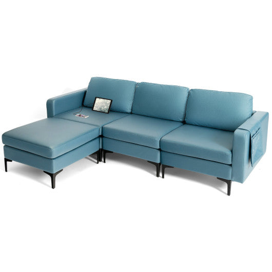 Modular 3-Seat L-shaped Sectional Sofa with Reversible Chaise and 2 USB Ports-Blue