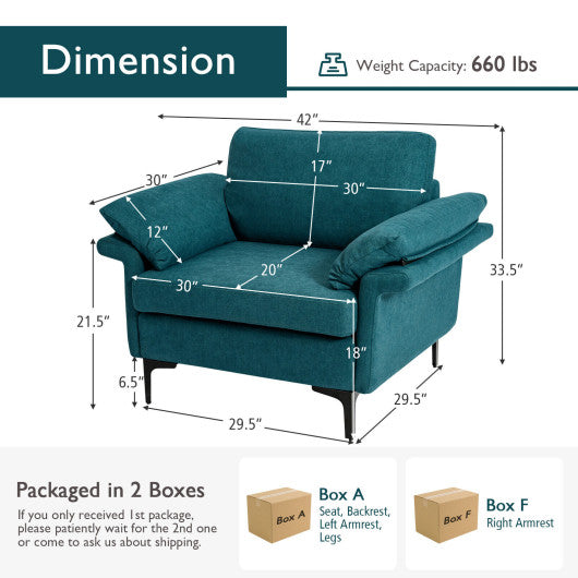 Modern Fabric Accent Armchair with Original Distributed Spring and Armrest Cushions-Peacock Blue