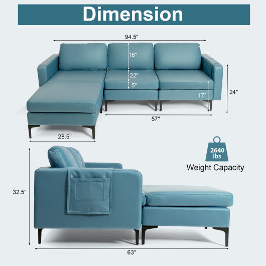 Modular 3-Seat L-shaped Sectional Sofa with Reversible Chaise and 2 USB Ports-Blue