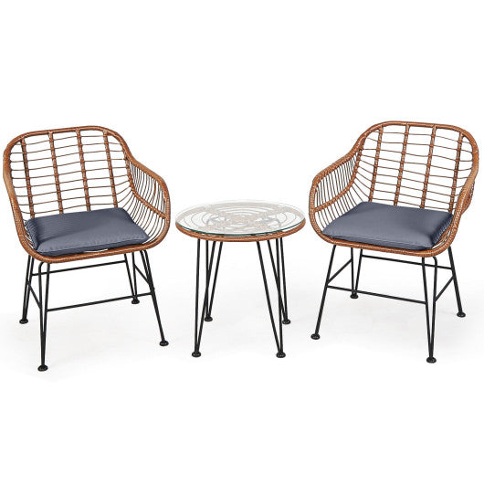 3 Pieces Patio Rattan Bistro Set with Cushion-Gray
