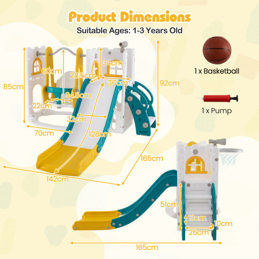 7-in-1 Toddle Swing and Slide Set L-shaped with Ladder and Basketball Hoop-Yellow