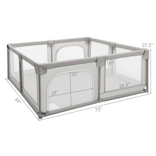 75 x 59 Inch Large Baby Playpen with Breathable Mesh and Zipper Doors-Gray
