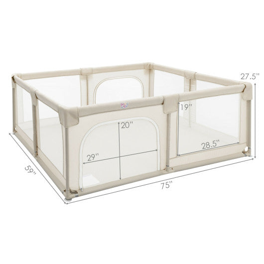 75 x 59 Inch Large Baby Playpen with Breathable Mesh and Zipper Doors-Beige