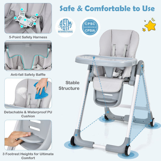 Baby Folding Convertible High Chair with Wheels and Adjustable Height-Gray