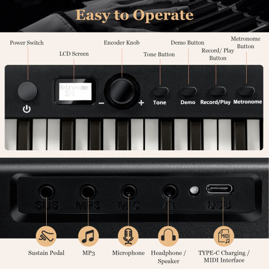 88-Key Folding Electric Lighted Piano Full-Size Portable Keyboard MIDI-Black