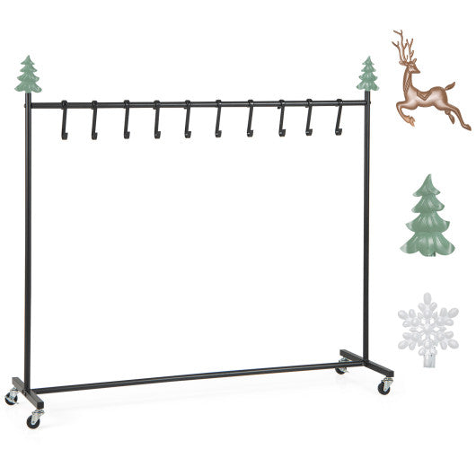 10-Hook Christmas Stocking Holder Stand on Wheels Freestanding Rack-Black