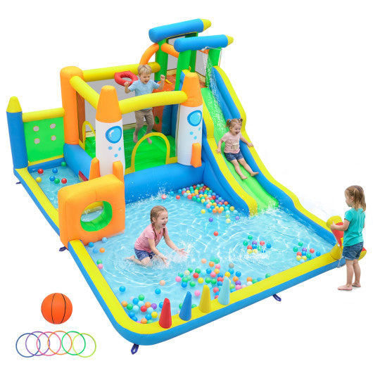 10-in-1 Inflatable Bounce House with Water Slide for Kids without Blower