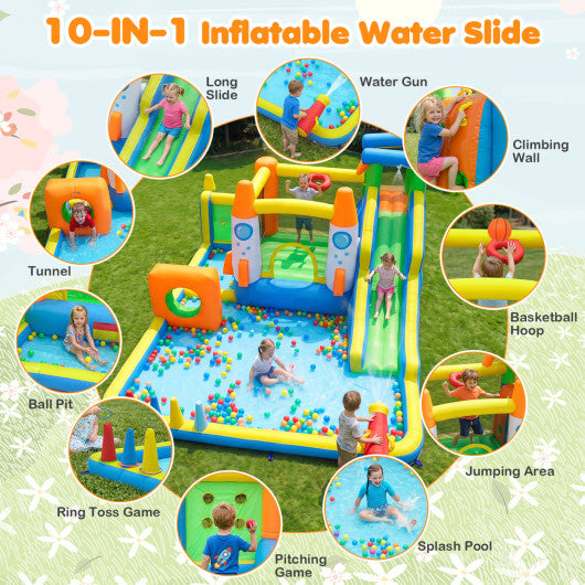 10-in-1 Inflatable Bounce House with Water Slide for Kids without Blower