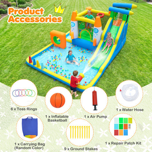 10-in-1 Inflatable Bounce House with Water Slide for Kids without Blower
