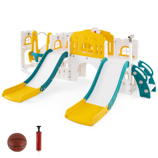 10-in-1 Toddler Slide and Swing Set with Double Slides and Tunnel-Yellow