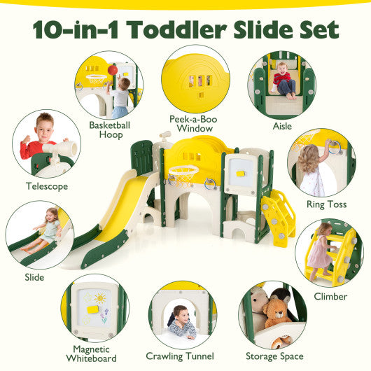 10 in 1 Toddler Slide Set Kids Slide and Climber Playset Indoor Playground-Yellow