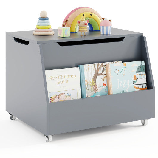 Wooden Mobile Toy Storage Organizer with Bookshelf and Lockable Wheels-Gray