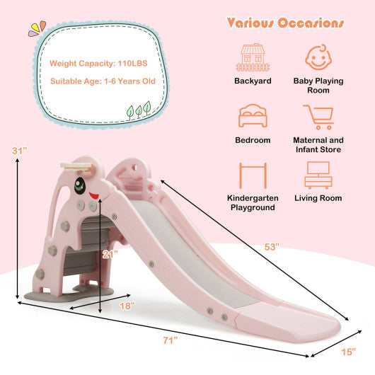 3-in-1 Kids Climber Slide Play Set with Basketball Hoop and Ball-Pink