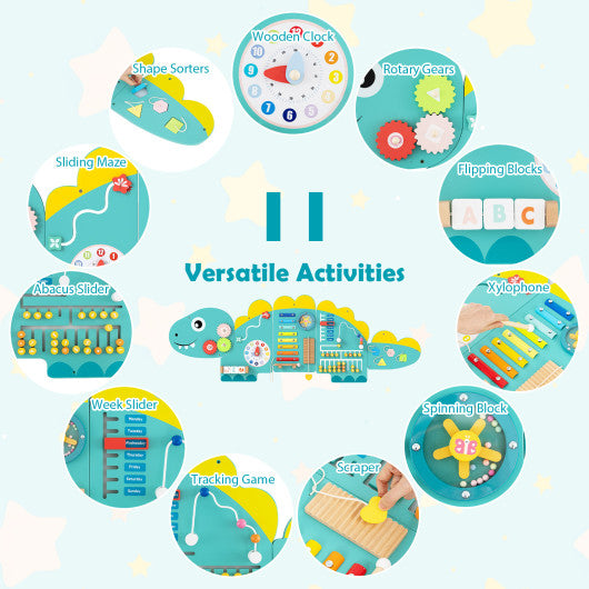 11-in-1 Dinosaur Activity Wall Busy Board Panels for Toddlers Education and Early Development-Green