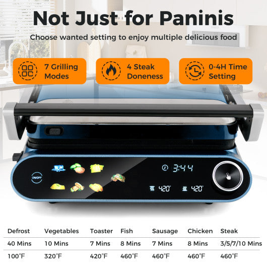 1200W Panini Press Grill with LED Display and 7 Grilling Modes-Blue