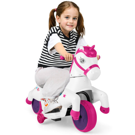 12V Unicorn Ride on Toy with Training Wheels and Horse Riding Mode-Rose Red