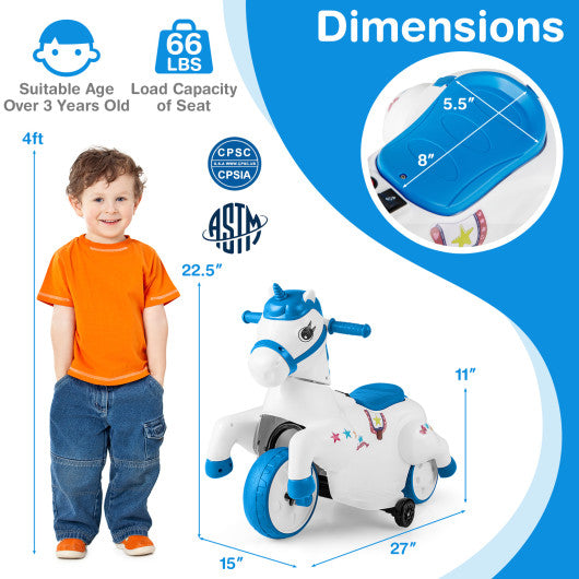 12V Unicorn Ride on Toy with Training Wheels and Horse Riding Mode-Navy