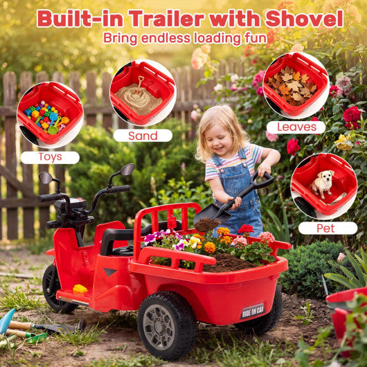 12V Kids Motorcycle with 3 Wheels and Trailer and Shovel Ride On Tractor-Red