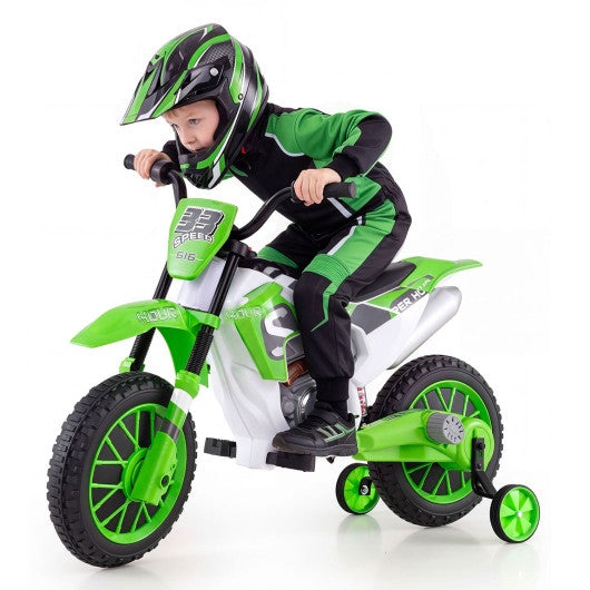 12V Kids Motorcycle with Training Wheels and Spring Suspension-Green