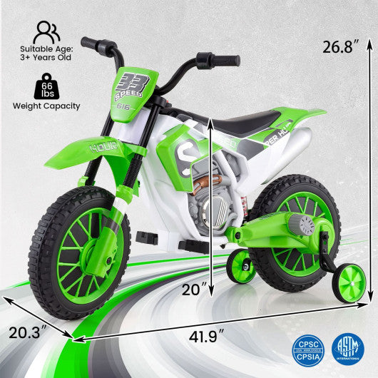 12V Kids Motorcycle with Training Wheels and Spring Suspension-Green