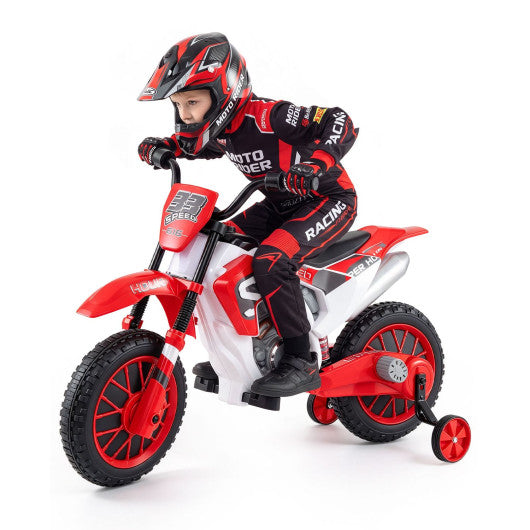 12V Kids Motorcycle with Training Wheels and Spring Suspension-Red
