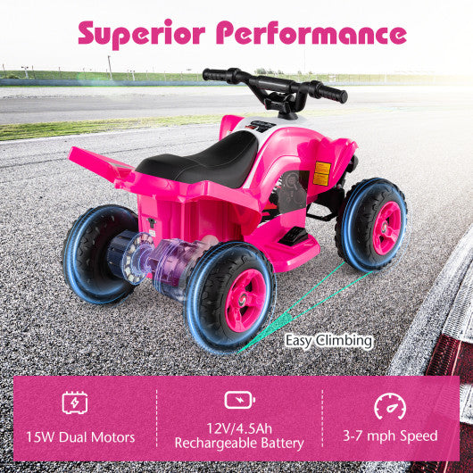 12V Kids Ride On ATV 4-Wheeler Quad with LED Lights and 7 mph Max Speed-Pink