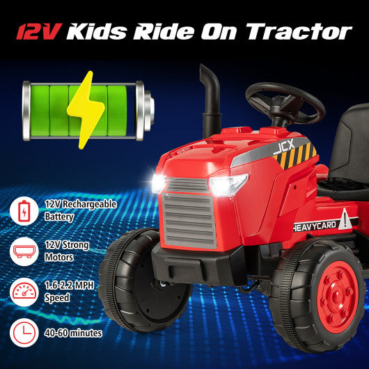 12V Kids Ride On Tractor with Trailer and Remote Control-Red