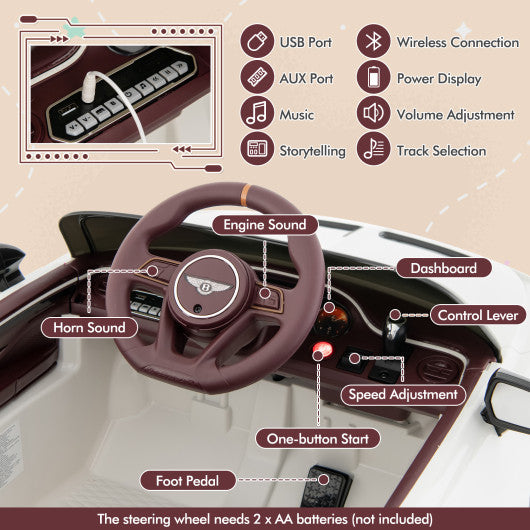 12V Powered Car Kids Ride-on Racer Car Licensed Bentley Bacalar-White