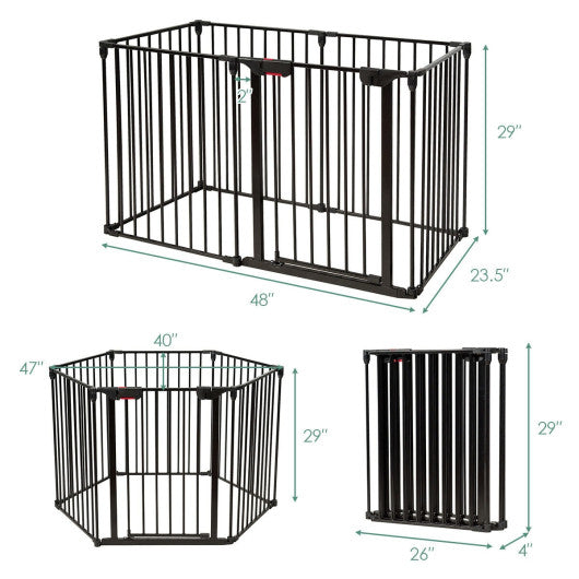 6 Panel Wall-mount Adjustable Baby Safe Metal Fence Barrier-Black