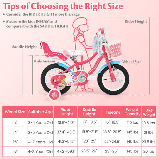 12/14/16/18 Inch Girls Bike for 3-8 Years Old Kids Bike with Doll Seat-12 inches