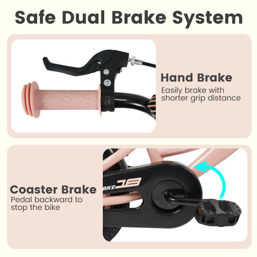 12/14/16/18 Inch Kids Bike Adjustable with Removable Training Wheels Pink for 3-8 Years Old-18 inches