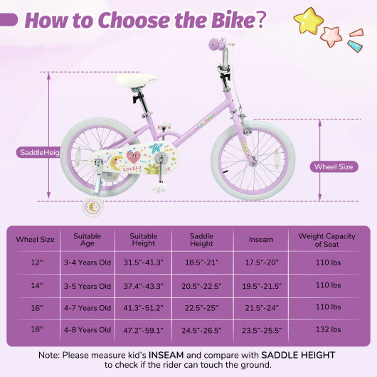 12/14/16/18 Inch Kids Bike Adjustable for 3-8 Years Old Children Purple - Stars & Moon-18 inches