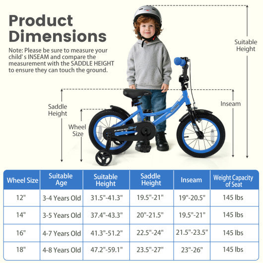 12/14/16/18 Inches Kids Bike with Removable Training Wheels and Adjustable Seatfor 3-8 Years Old Navy-14 inches
